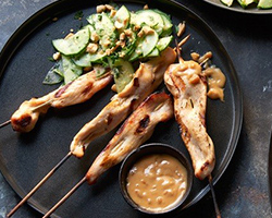 Chicken Satay with Spicy Peanut Sauce and Cucumber-Jalapeño Salad