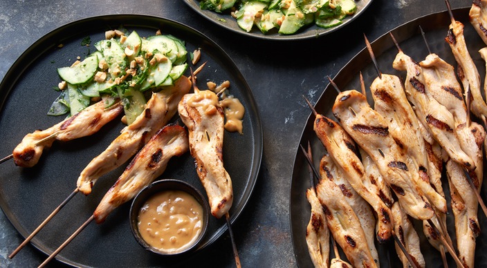 Chicken Satay with Spicy Peanut Sauce and Cucumber Jalapeño Salad